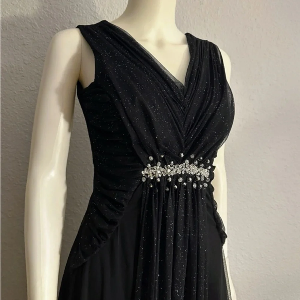 NWT A-Line Formal Maxi Dress‎ Sleeveless V-Neck Tulle Beaded Evening Gown Black